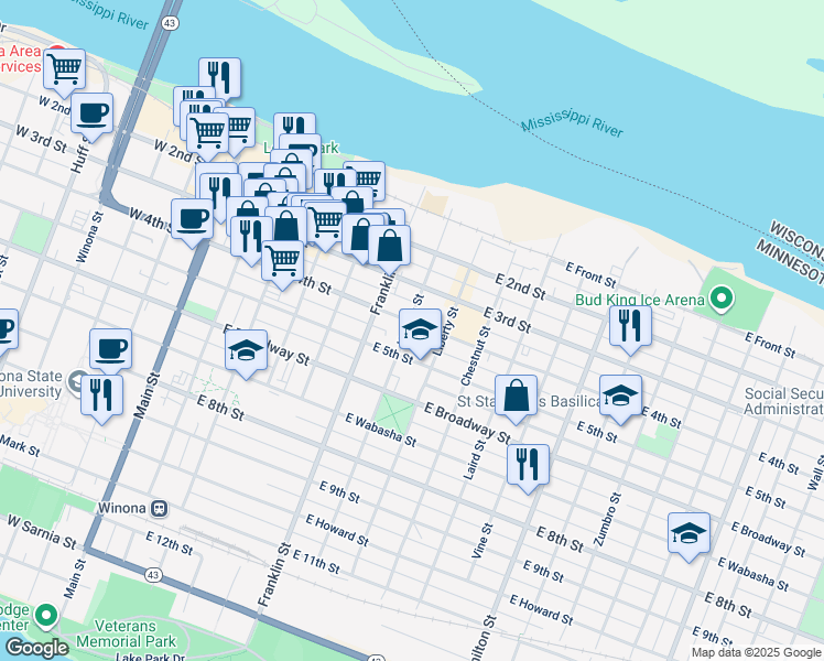 map of restaurants, bars, coffee shops, grocery stores, and more near 216 Kansas Street in Winona