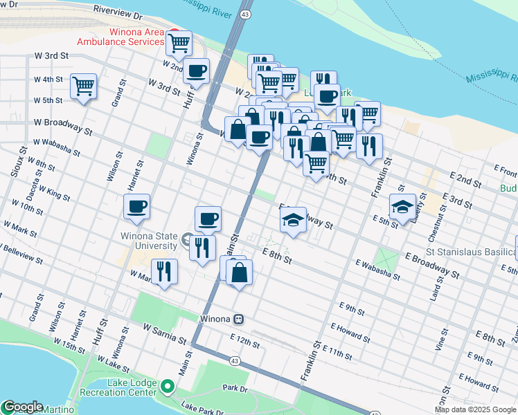 map of restaurants, bars, coffee shops, grocery stores, and more near 328 Main Street in Winona