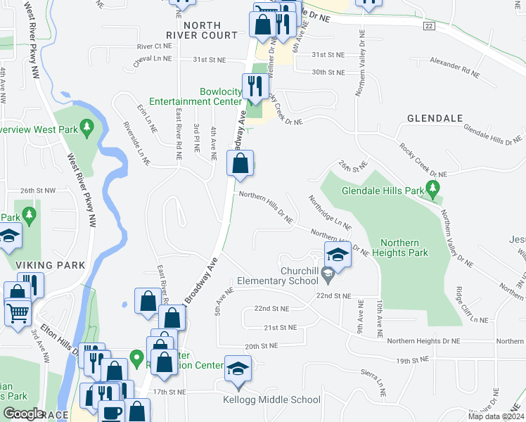 map of restaurants, bars, coffee shops, grocery stores, and more near 2415 Northern Hills Court Northeast in Rochester