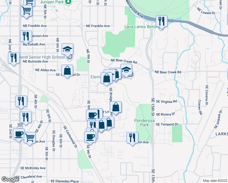 map of restaurants, bars, coffee shops, grocery stores, and more near 109 SE Bridgeford Blvd in Bend