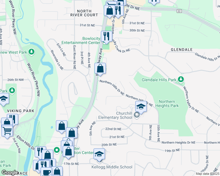 map of restaurants, bars, coffee shops, grocery stores, and more near 602 Northern Hills Drive Northeast in Rochester