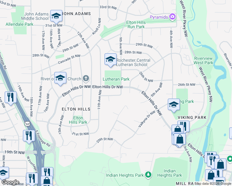 map of restaurants, bars, coffee shops, grocery stores, and more near 902 24th Street Northwest in Rochester