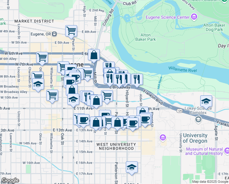 map of restaurants, bars, coffee shops, grocery stores, and more near 950 Patterson Street in Eugene