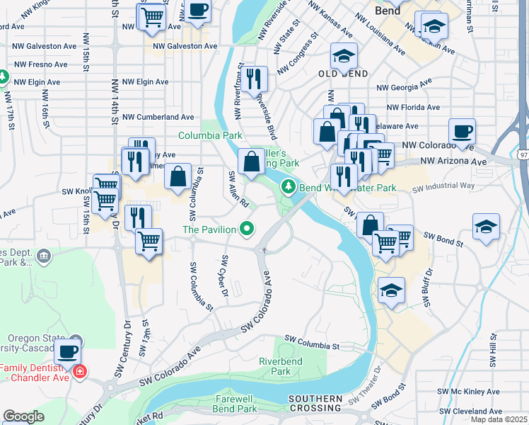map of restaurants, bars, coffee shops, grocery stores, and more near 801 Southwest Bradbury Way in Bend
