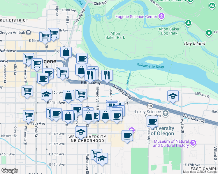 map of restaurants, bars, coffee shops, grocery stores, and more near 950 Alder Street in Eugene