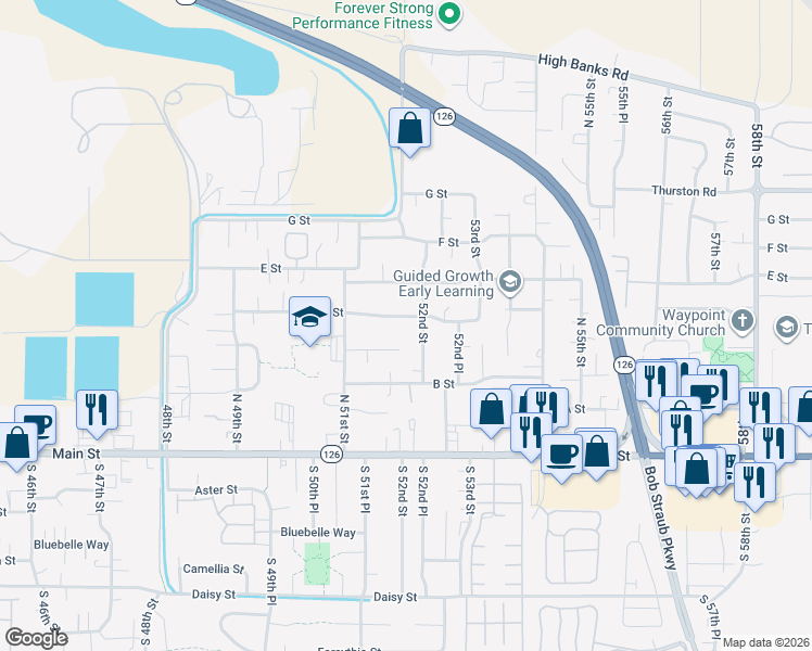 map of restaurants, bars, coffee shops, grocery stores, and more near 424 52nd Street in Springfield