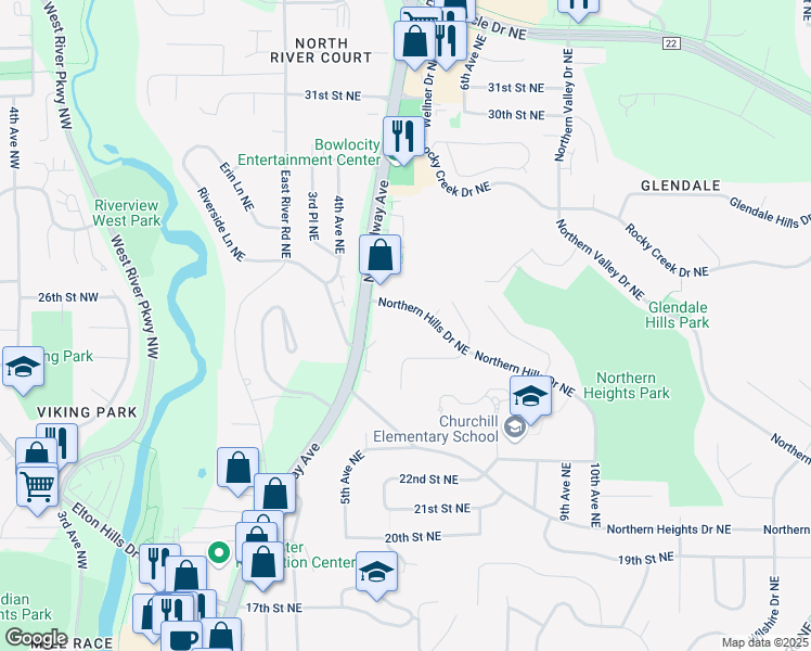 map of restaurants, bars, coffee shops, grocery stores, and more near 540 Northern Hills Drive Northeast in Rochester
