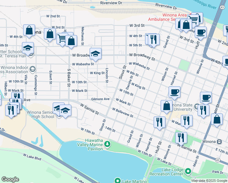 map of restaurants, bars, coffee shops, grocery stores, and more near 518 Sioux Street in Winona