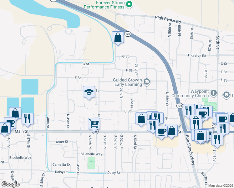 map of restaurants, bars, coffee shops, grocery stores, and more near 424 52nd Street in Springfield