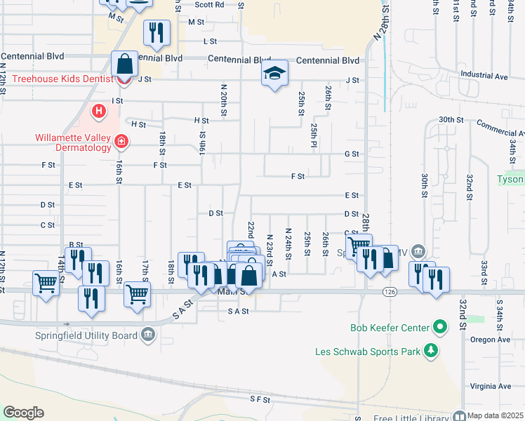 map of restaurants, bars, coffee shops, grocery stores, and more near 465 North 23rd Street in Springfield