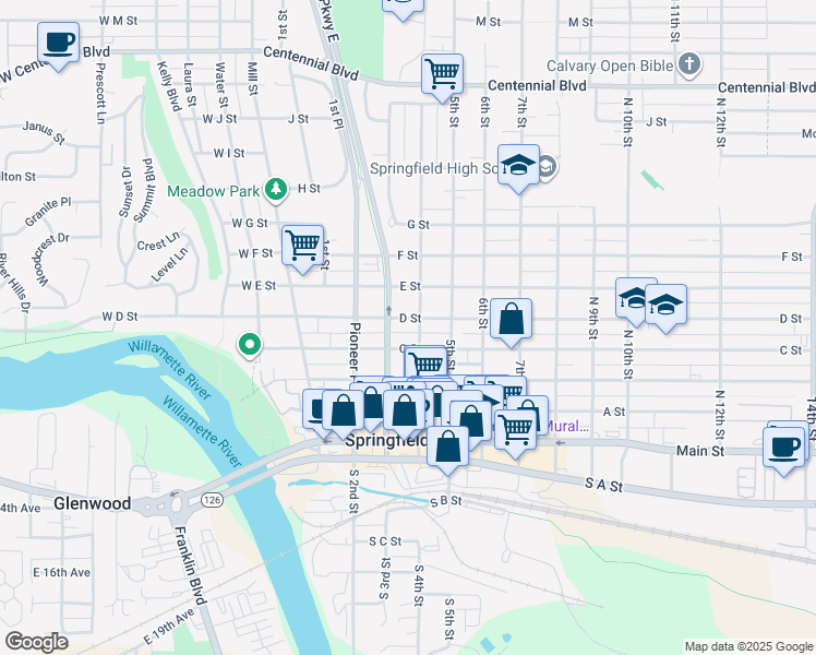 map of restaurants, bars, coffee shops, grocery stores, and more near 406 4th Street in Springfield