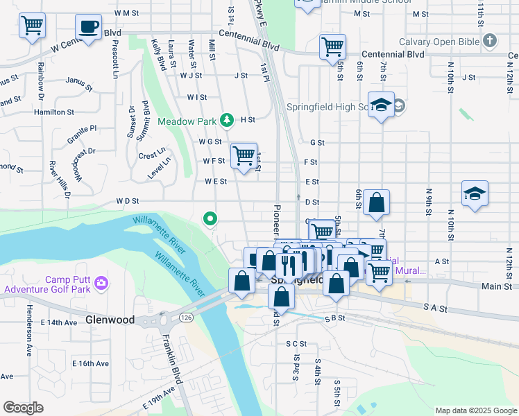map of restaurants, bars, coffee shops, grocery stores, and more near 124 C Street in Springfield