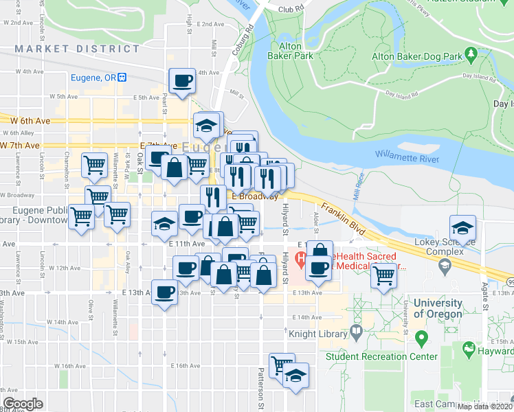map of restaurants, bars, coffee shops, grocery stores, and more near 1000 Patterson Street in Eugene