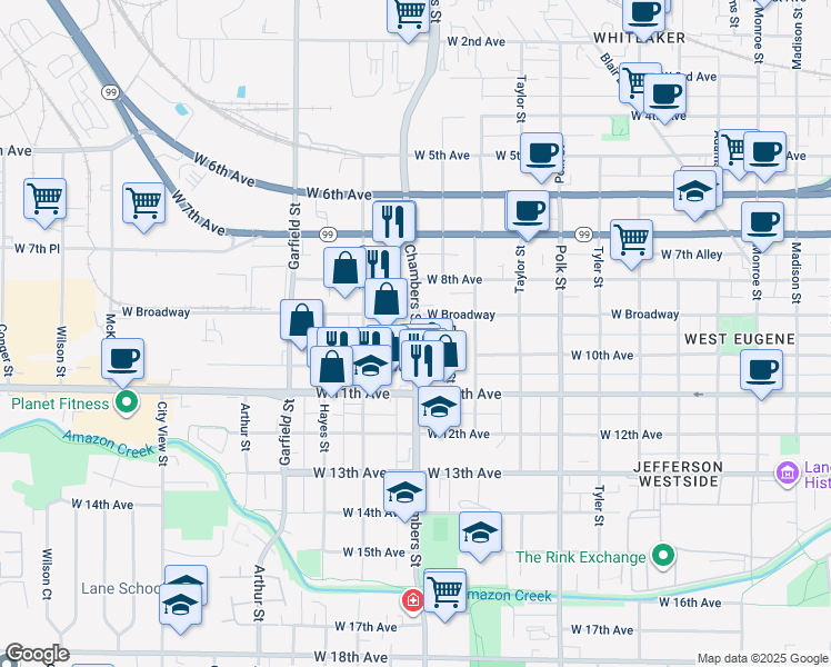 map of restaurants, bars, coffee shops, grocery stores, and more near 970 Chambers Street in Eugene