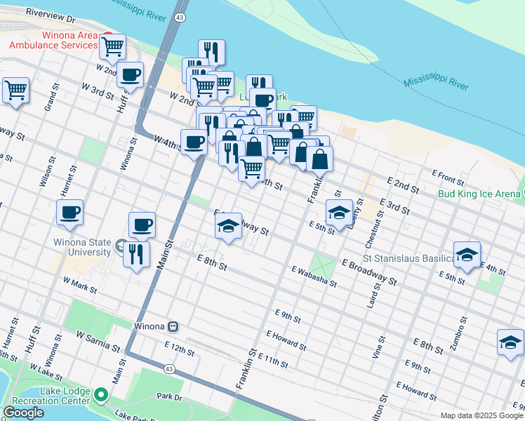 map of restaurants, bars, coffee shops, grocery stores, and more near 276 Walnut Street in Winona