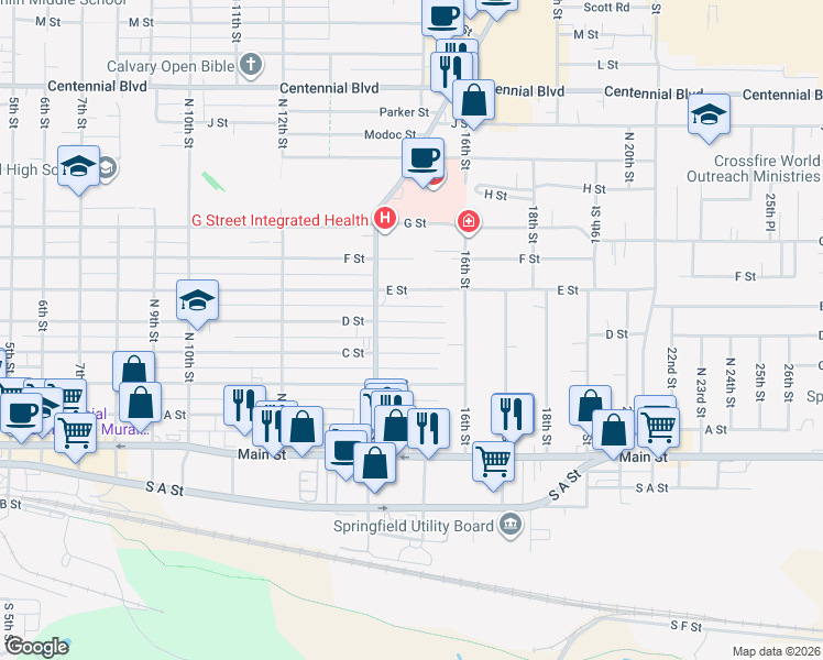 map of restaurants, bars, coffee shops, grocery stores, and more near 1424 C Street in Springfield