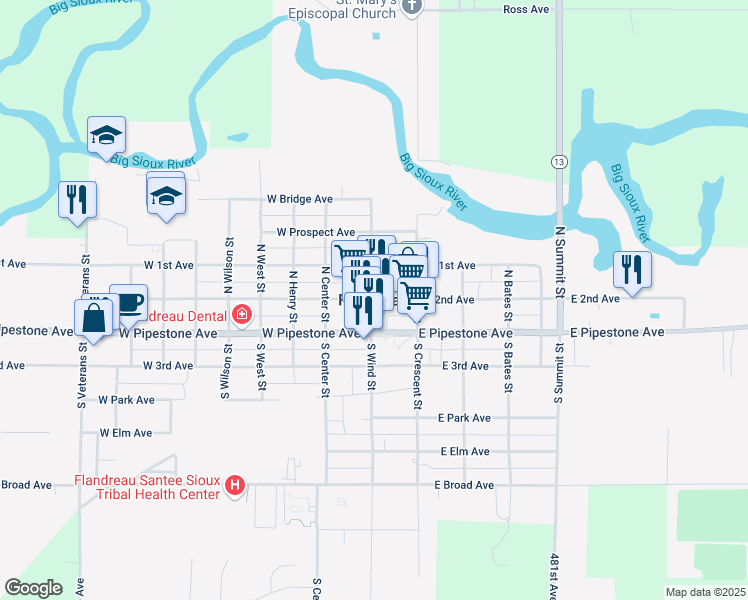 map of restaurants, bars, coffee shops, grocery stores, and more near in Flandreau