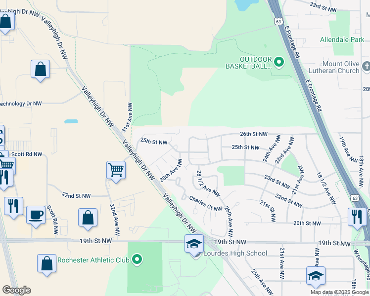 map of restaurants, bars, coffee shops, grocery stores, and more near 2503 29th Avenue Northwest in Rochester