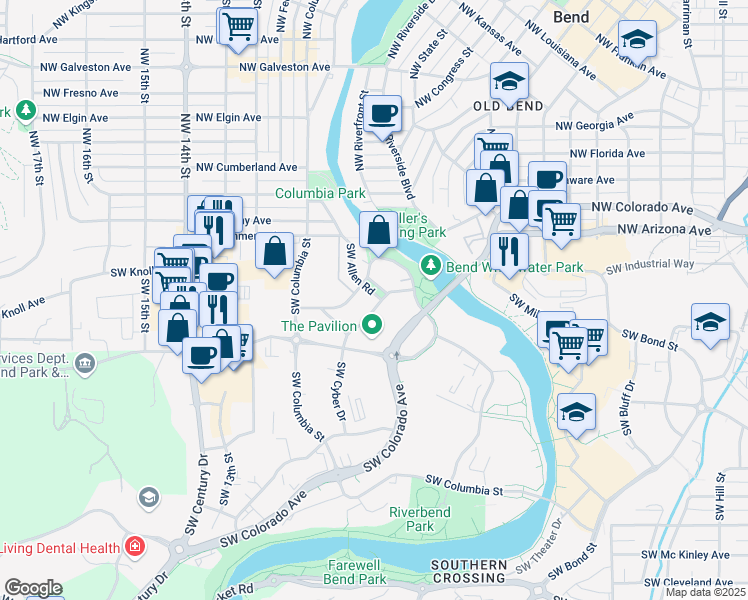 map of restaurants, bars, coffee shops, grocery stores, and more near 1000 Southwest Bradbury Drive in Bend