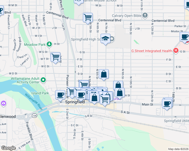 map of restaurants, bars, coffee shops, grocery stores, and more near 411 6th Street in Springfield