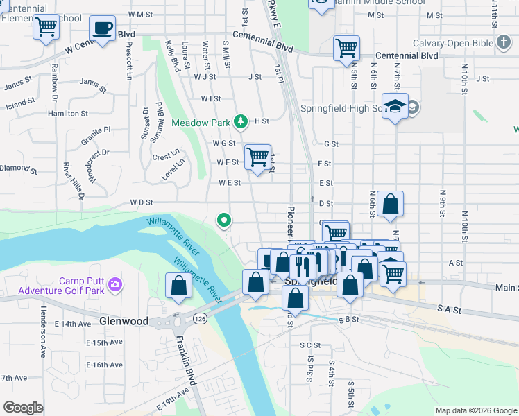 map of restaurants, bars, coffee shops, grocery stores, and more near 465 South Mill Street in Springfield