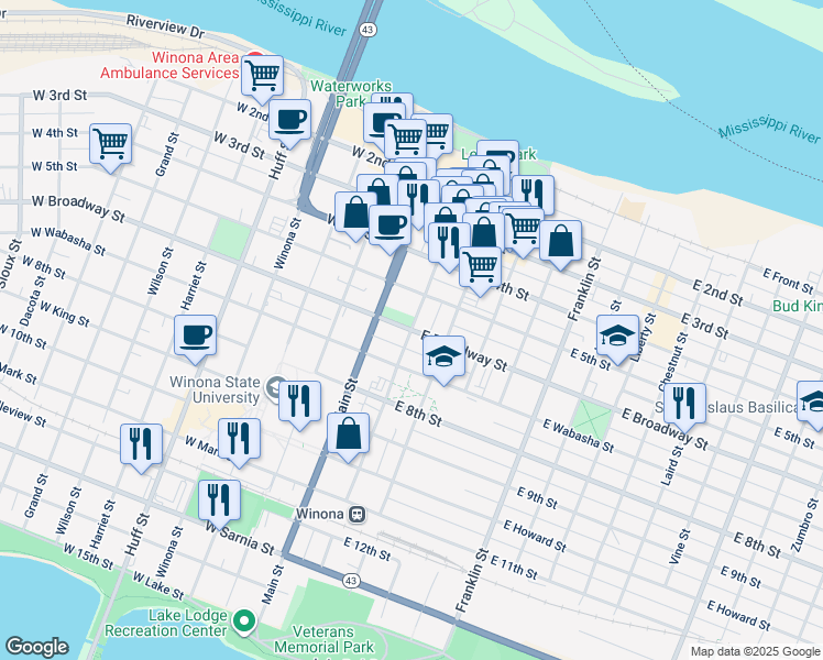 map of restaurants, bars, coffee shops, grocery stores, and more near 2 West Broadway Street in Winona