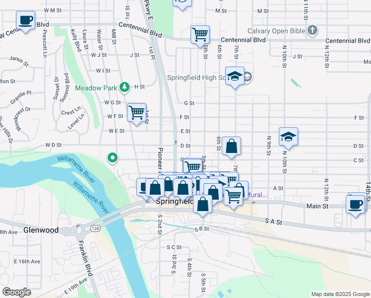 map of restaurants, bars, coffee shops, grocery stores, and more near 406 4th Street in Springfield