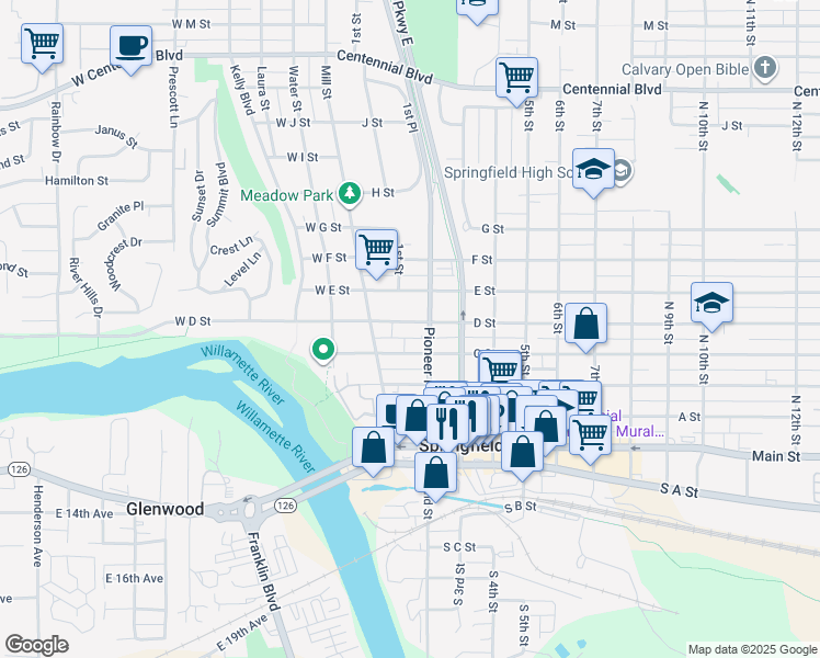 map of restaurants, bars, coffee shops, grocery stores, and more near 125 D Street in Springfield