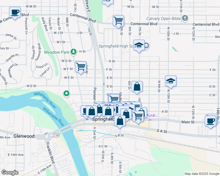 map of restaurants, bars, coffee shops, grocery stores, and more near 406 4th Street in Springfield
