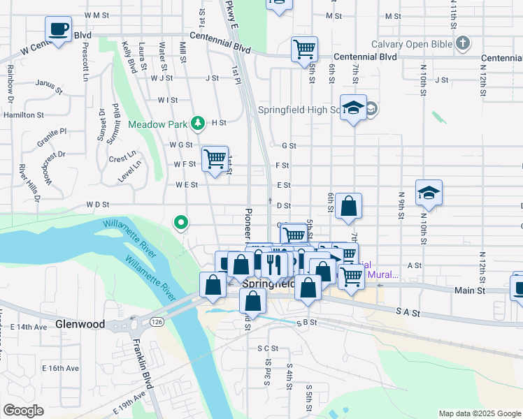 map of restaurants, bars, coffee shops, grocery stores, and more near 230 C Street in Springfield