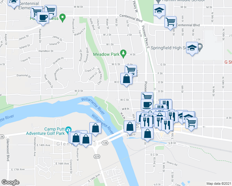 map of restaurants, bars, coffee shops, grocery stores, and more near 176 West C Street in Springfield