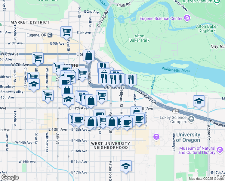 map of restaurants, bars, coffee shops, grocery stores, and more near 1000 Patterson Street in Eugene