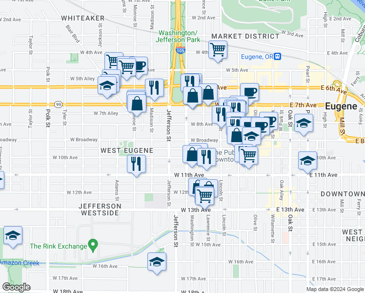 map of restaurants, bars, coffee shops, grocery stores, and more near in Eugene