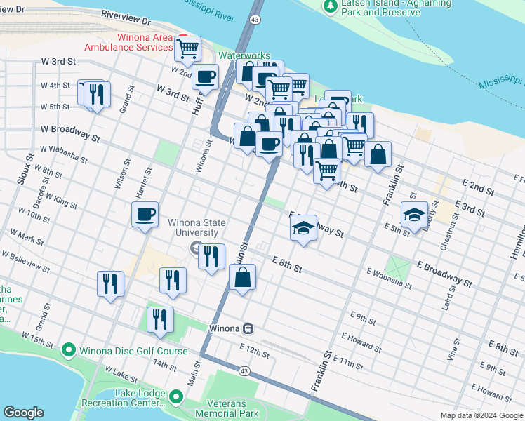 map of restaurants, bars, coffee shops, grocery stores, and more near 328 Main Street in Winona