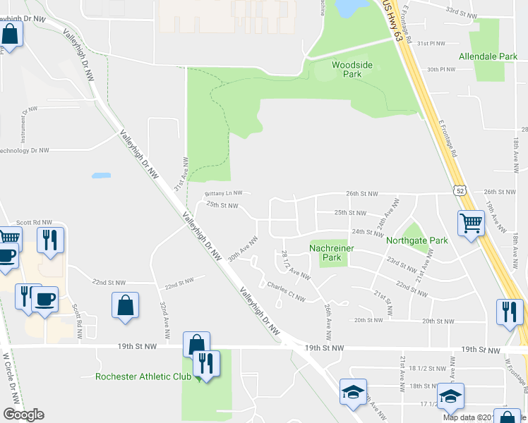 map of restaurants, bars, coffee shops, grocery stores, and more near 2858 25th Street Northwest in Rochester