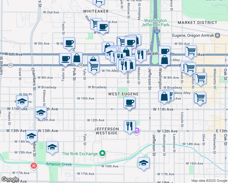 map of restaurants, bars, coffee shops, grocery stores, and more near 909 West 10th Avenue in Eugene