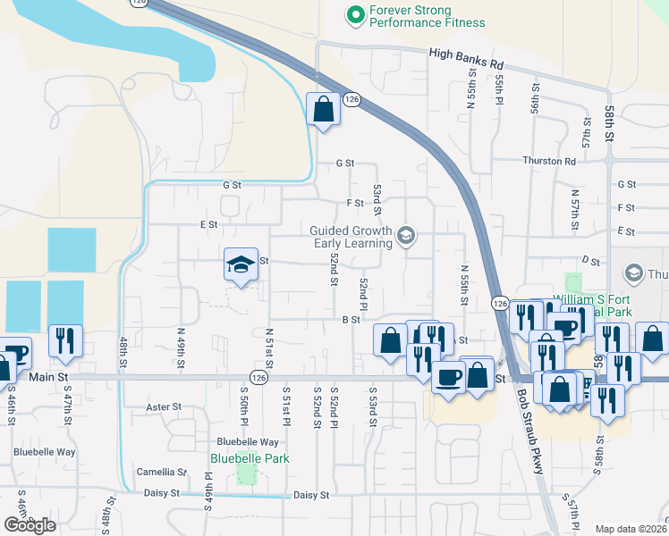 map of restaurants, bars, coffee shops, grocery stores, and more near 424 52nd Street in Springfield