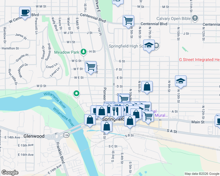 map of restaurants, bars, coffee shops, grocery stores, and more near 230 C Street in Springfield