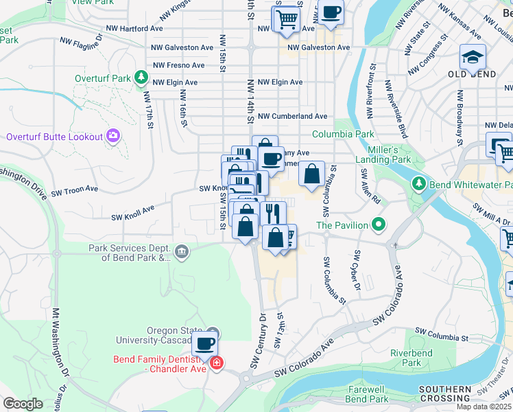 map of restaurants, bars, coffee shops, grocery stores, and more near 130 Southwest Century Drive in Bend