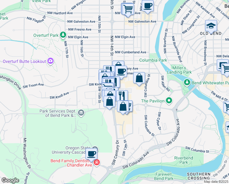 map of restaurants, bars, coffee shops, grocery stores, and more near 155 Southwest 14th Street in Bend