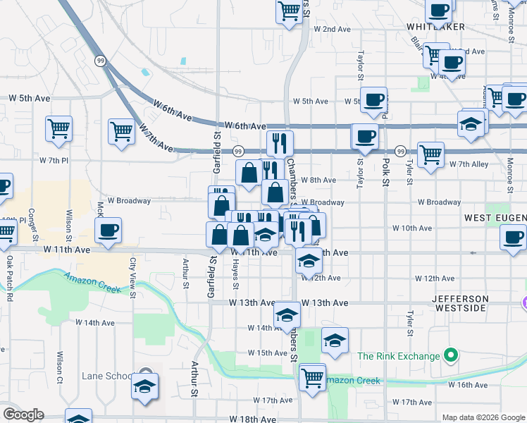 map of restaurants, bars, coffee shops, grocery stores, and more near 925 Grant Street in Eugene