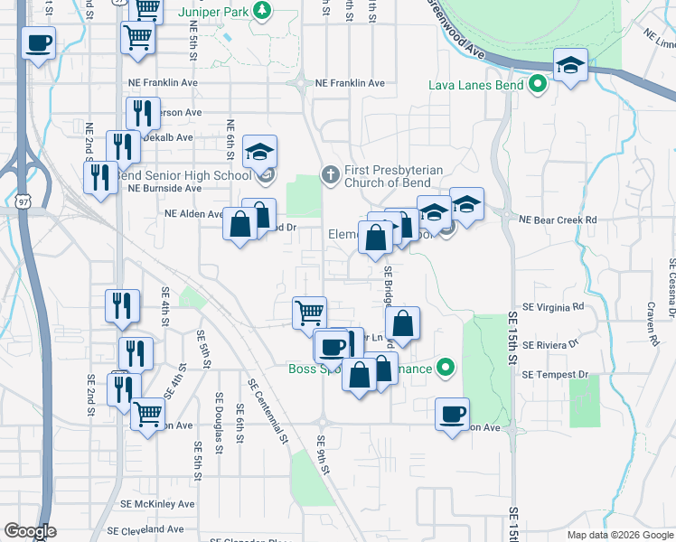 map of restaurants, bars, coffee shops, grocery stores, and more near 110 Southeast 9th Street in Bend