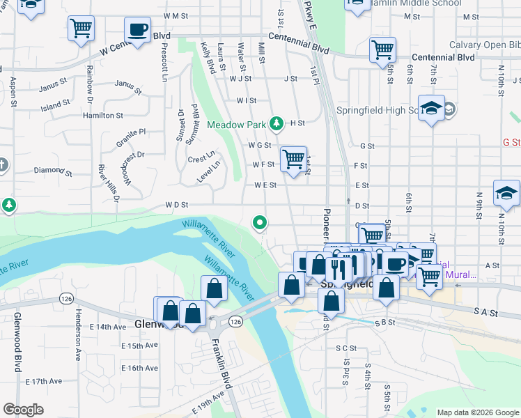 map of restaurants, bars, coffee shops, grocery stores, and more near 176 West C Street in Springfield