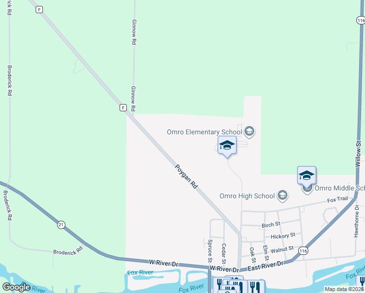 map of restaurants, bars, coffee shops, grocery stores, and more near 545 Poygan Road in Omro
