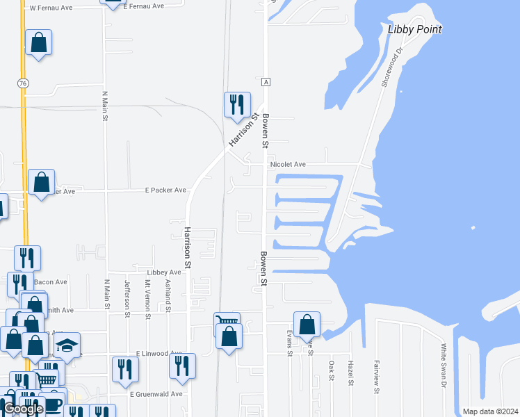 map of restaurants, bars, coffee shops, grocery stores, and more near 2601 Bowen Street in Oshkosh