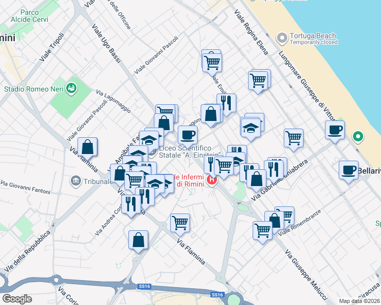 map of restaurants, bars, coffee shops, grocery stores, and more near 4 Viale Luigi Settembrini in Rimini