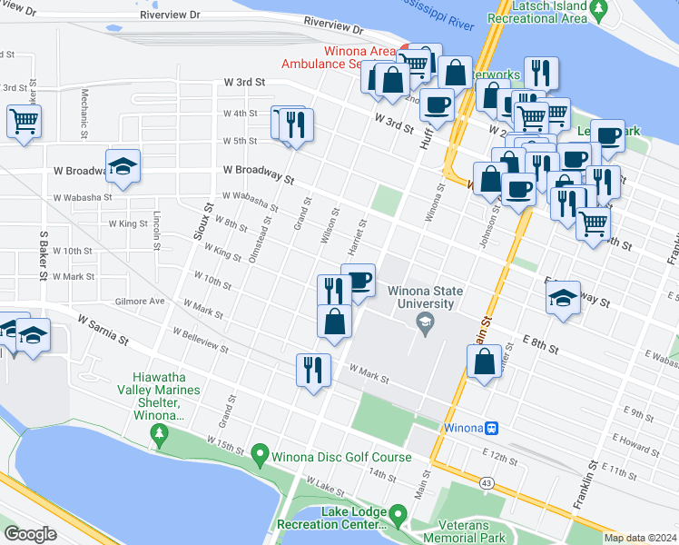 map of restaurants, bars, coffee shops, grocery stores, and more near 353 West 8th Street in Winona