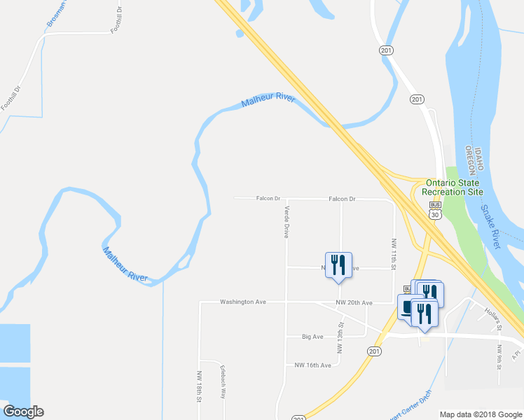 map of restaurants, bars, coffee shops, grocery stores, and more near 1400 Falcon Drive in Ontario