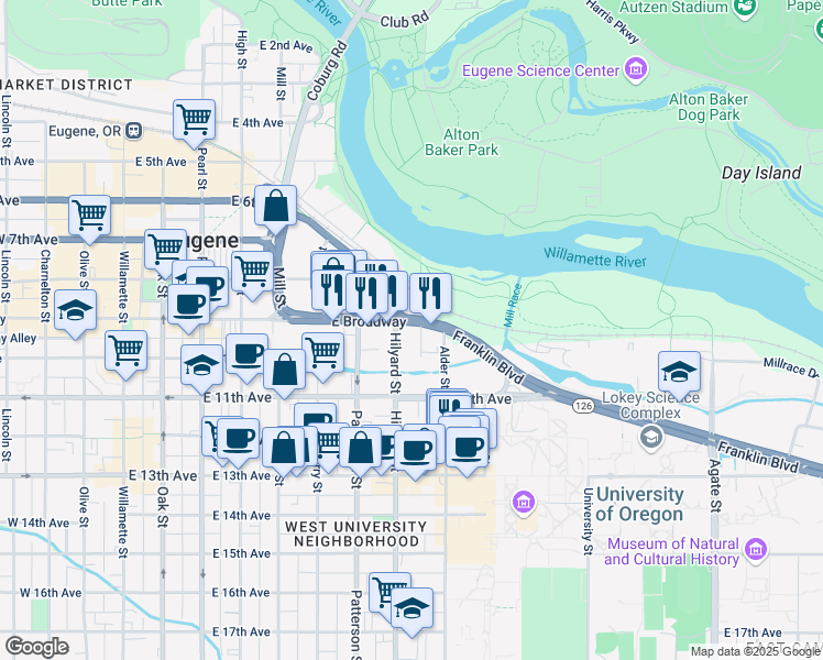 map of restaurants, bars, coffee shops, grocery stores, and more near 968 Alder Alley in Eugene