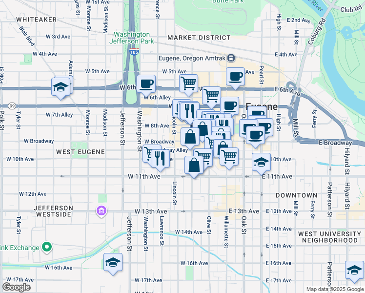 map of restaurants, bars, coffee shops, grocery stores, and more near 1034 Lawrence Street in Eugene